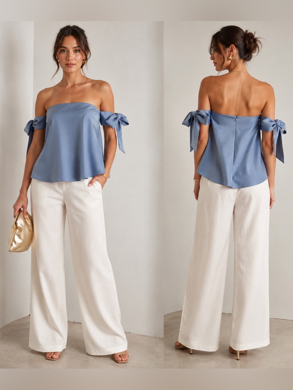 MILLY Jade Top Steel Blue Off Shoulder Bow Sleeve Blouse Size 2 NWT